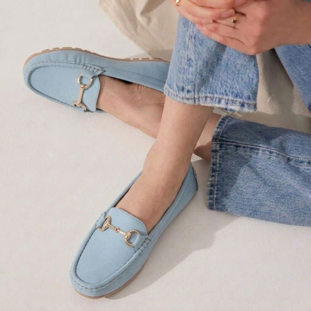 Kavsun Women Loafer Gold Buckle Sky Blue