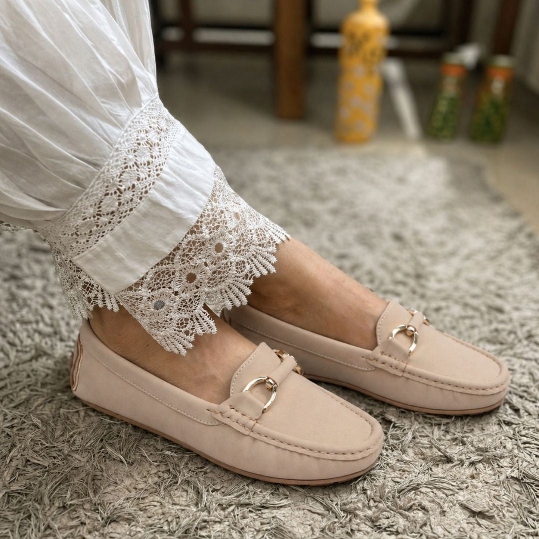 Kavsun Women Loafer Gold Buckle Cream Beige