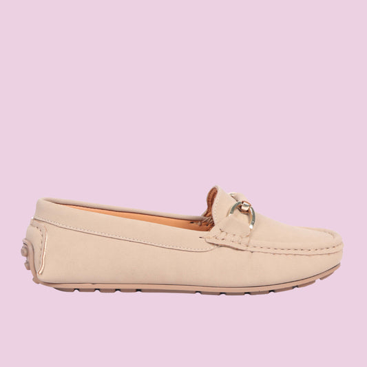 Kavsun Women Loafer Gold Buckle Cream Beige
