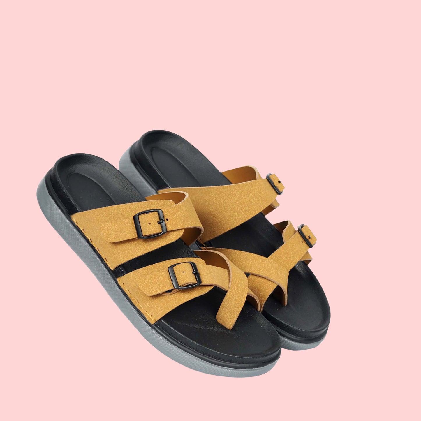 Kavsun Men Slipper Double Buckle Beige