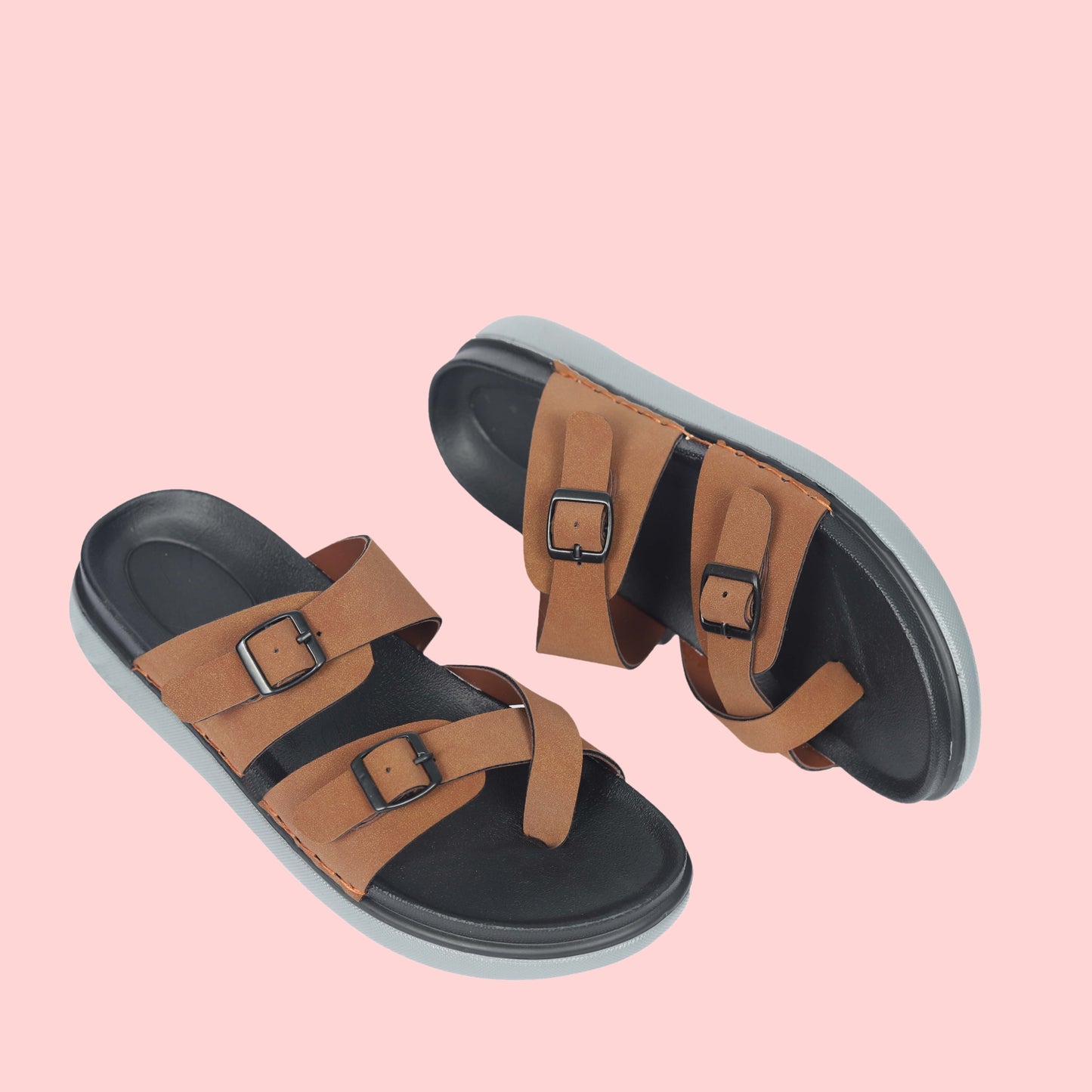 Kavsun Men Slipper Double Buckle Tan