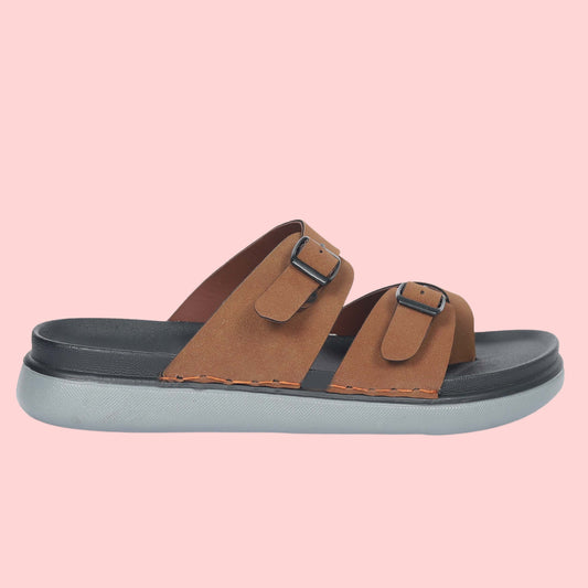 Kavsun Men Slipper Double Buckle Tan