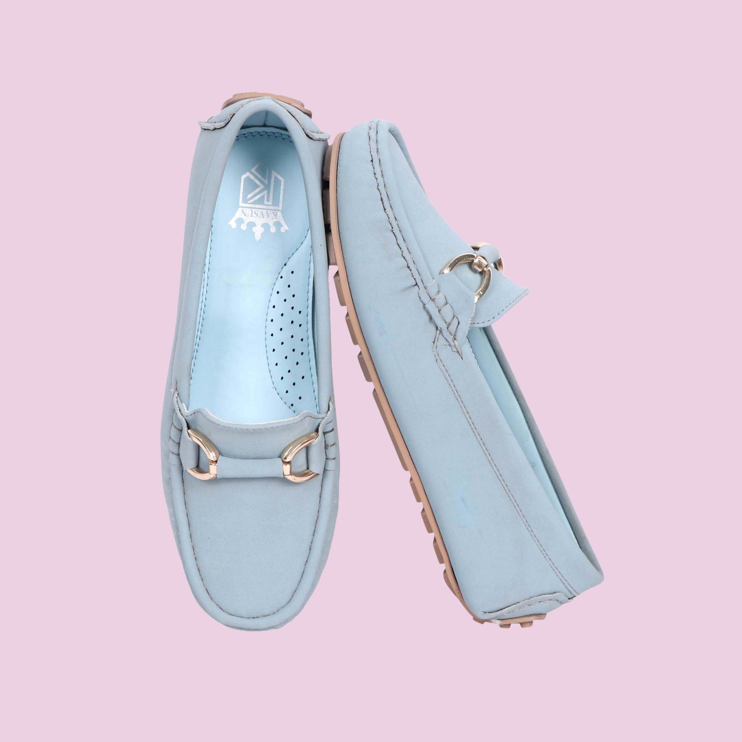 Kavsun Women Loafer Gold Buckle Sky Blue