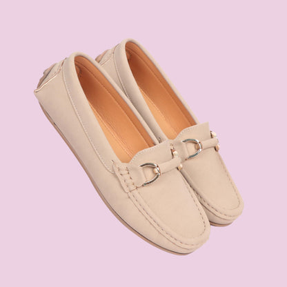 Kavsun Women Loafer Gold Buckle Cream Beige