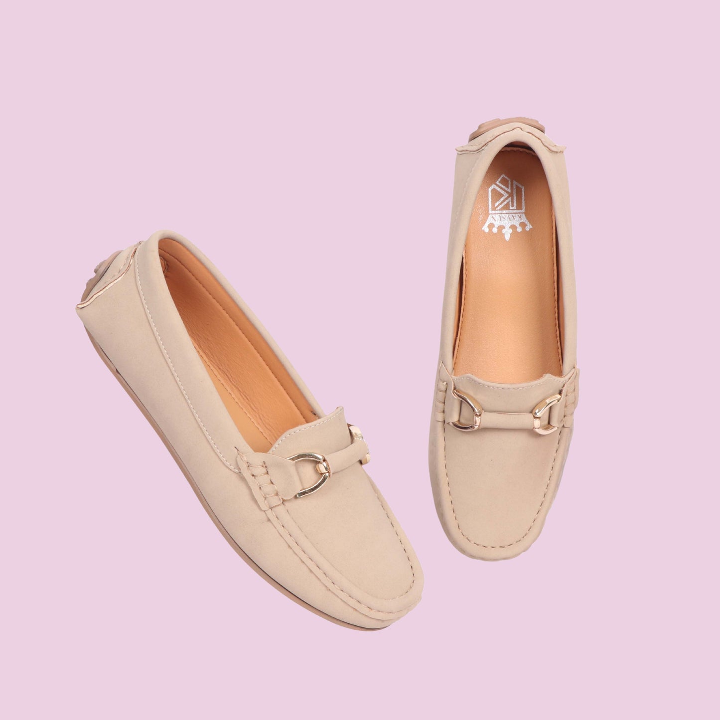 Kavsun Women Loafer Gold Buckle Cream Beige