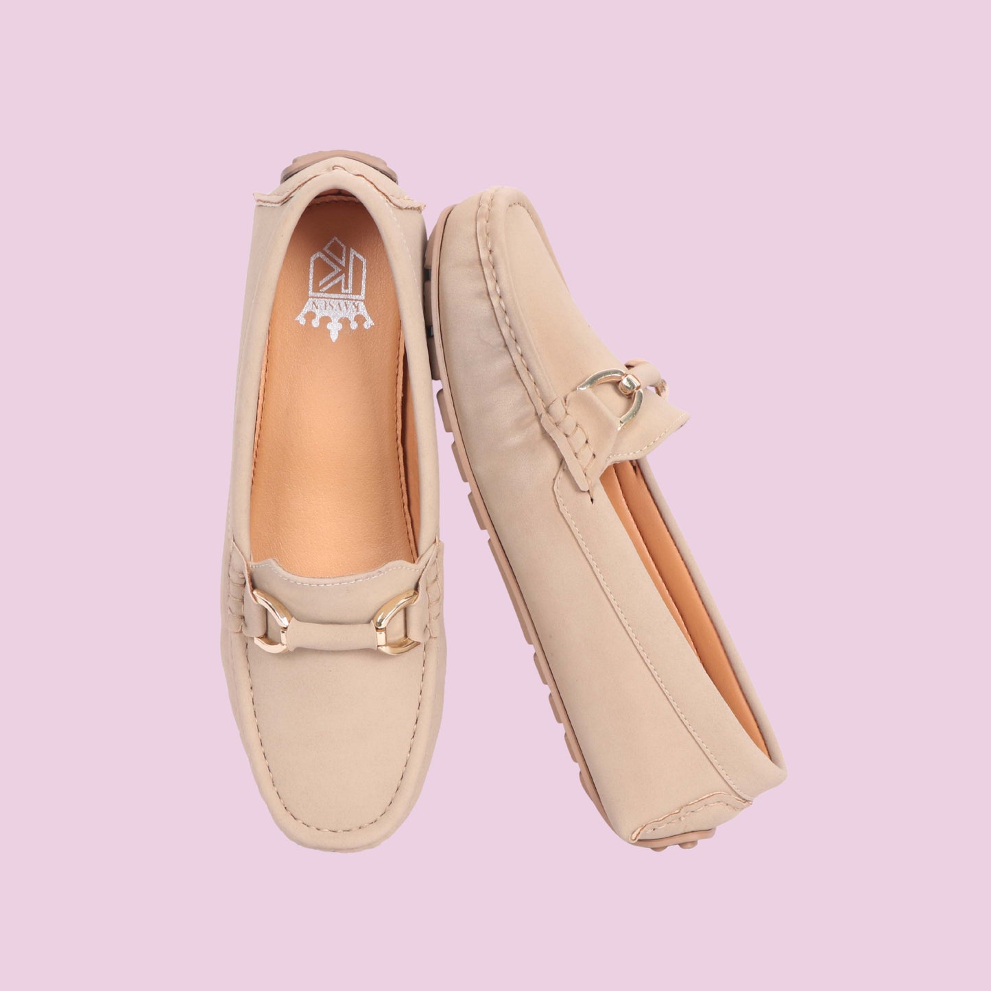 Kavsun Women Loafer Gold Buckle Cream Beige