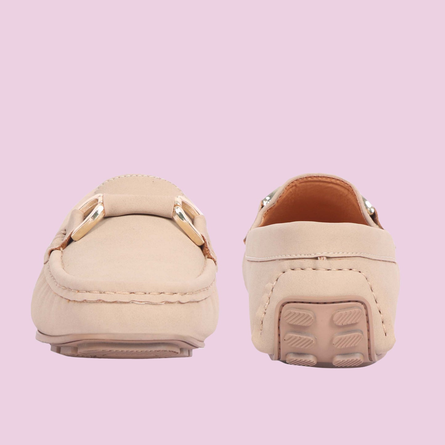 Kavsun Women Loafer Gold Buckle Cream Beige