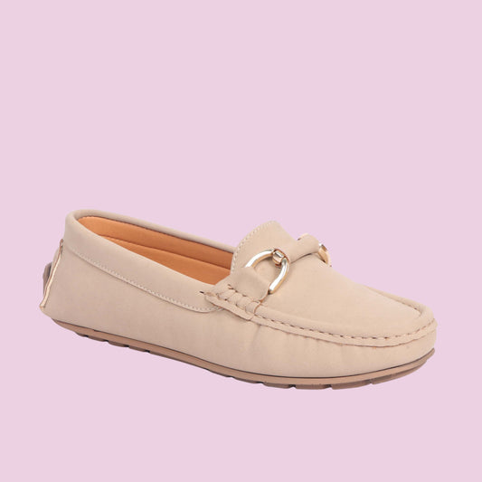 Kavsun Women Loafer Gold Buckle Cream Beige