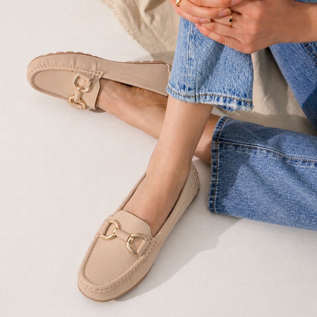 Kavsun Women Loafer Gold Buckle Cream Beige