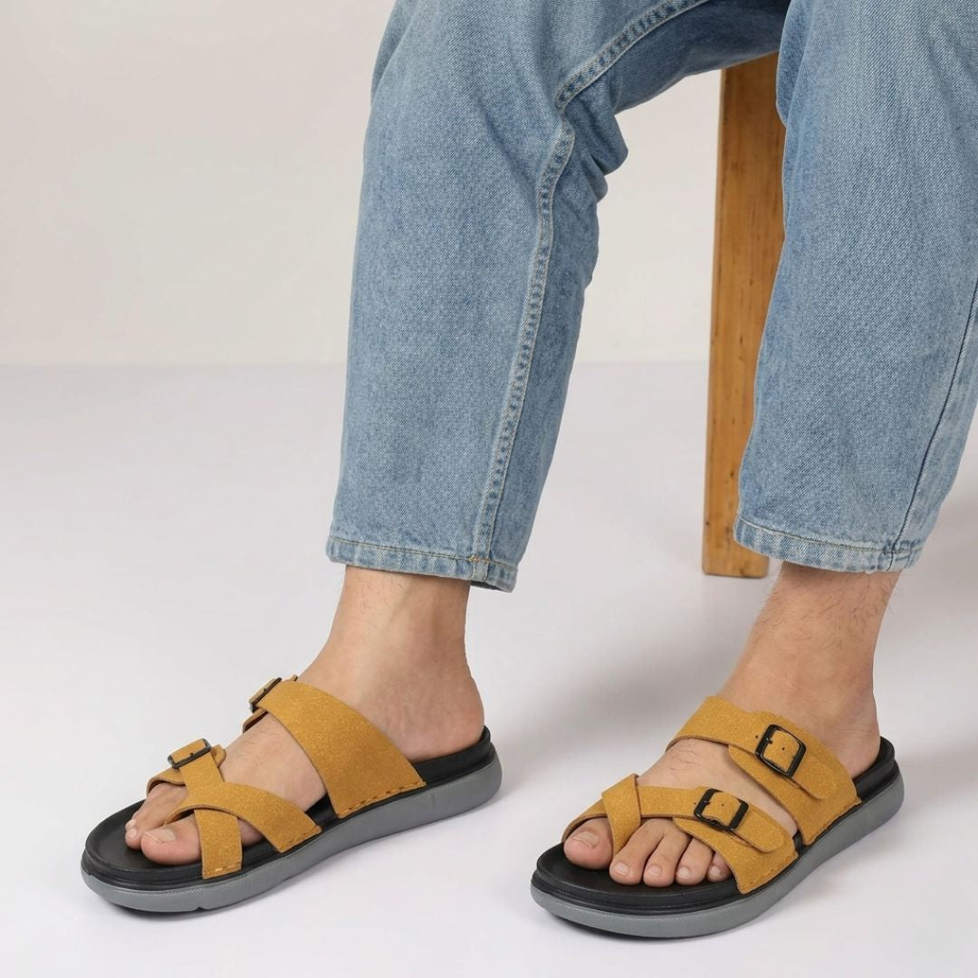 Kavsun Men Slipper Double Buckle Beige