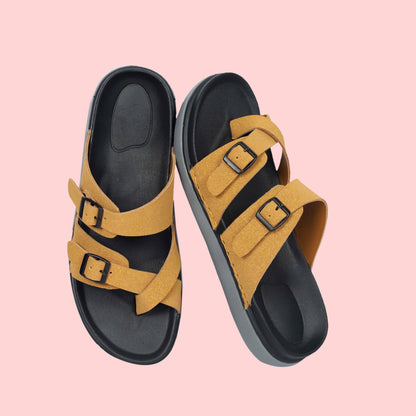 Kavsun Men Slipper Double Buckle Beige