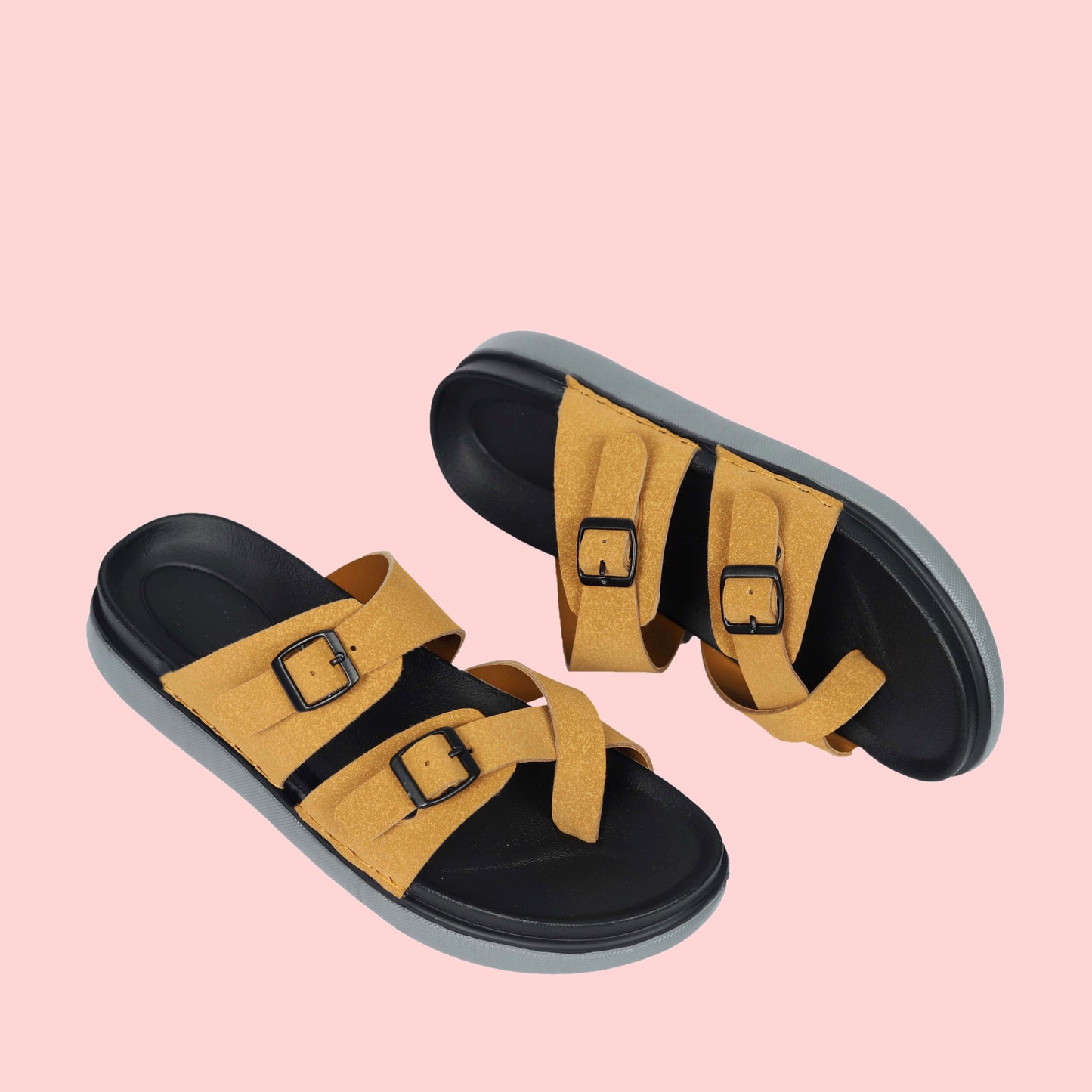 Kavsun Men Slipper Double Buckle Beige
