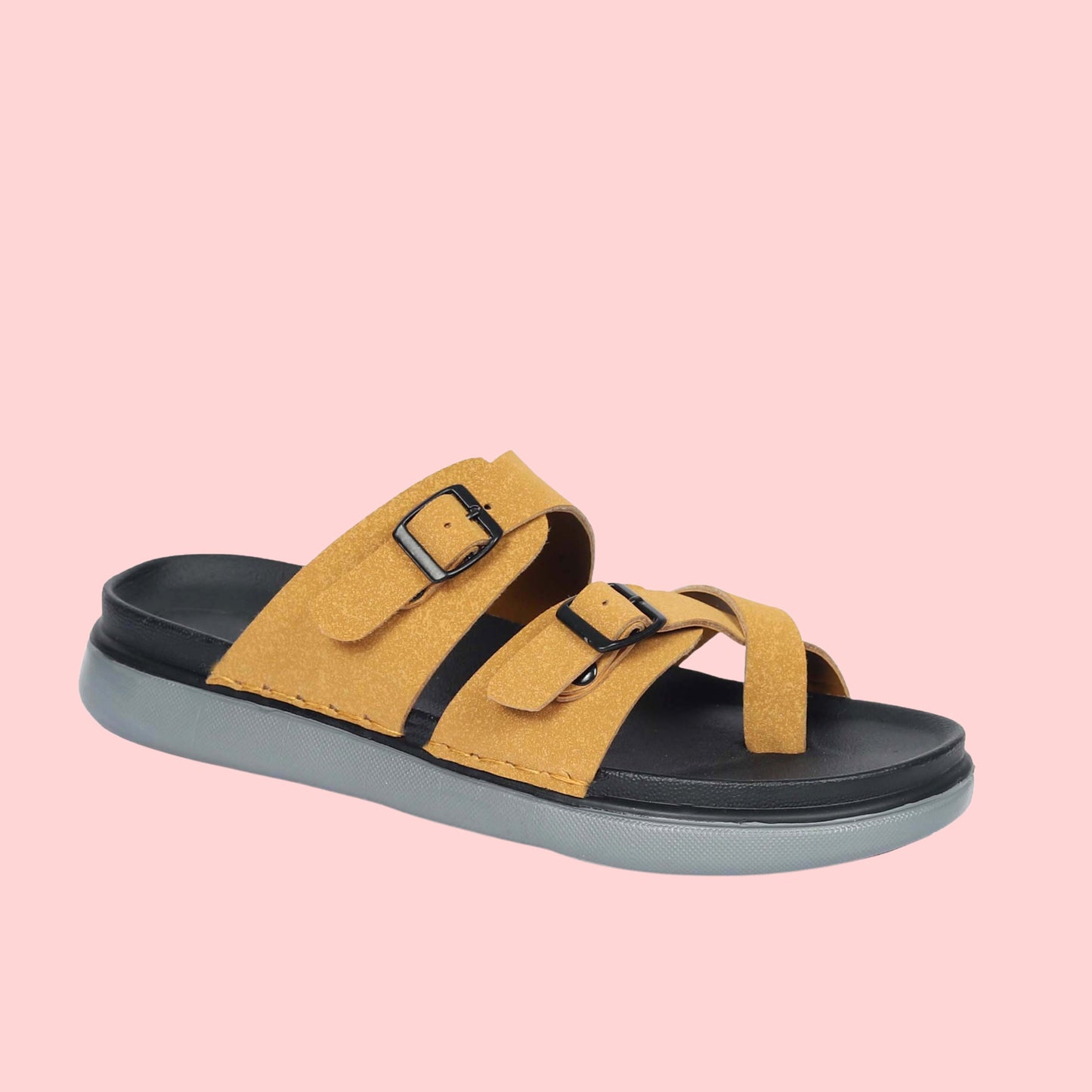 Kavsun Men Slipper Double Buckle Beige