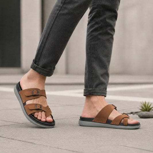 Kavsun Men Slipper Double Buckle Tan