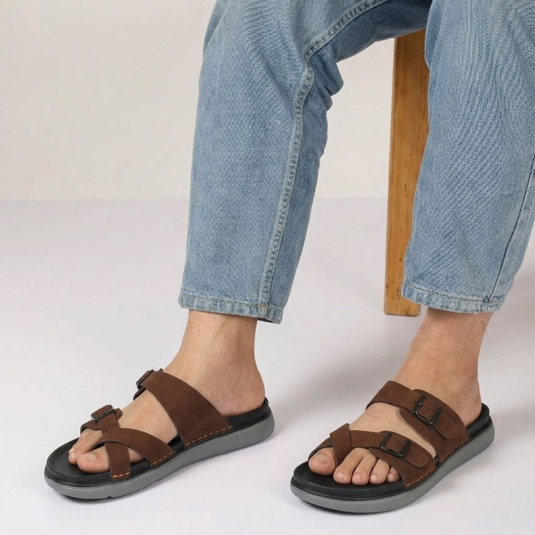 Kavsun Men Slipper Double Buckle Tan