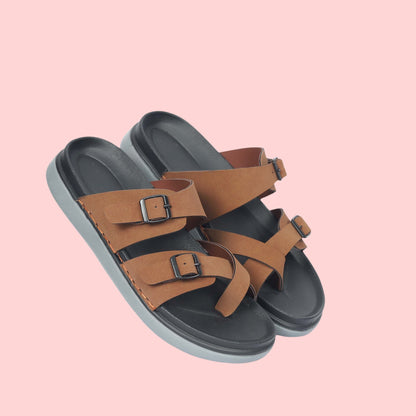 Kavsun Men Slipper Double Buckle Tan