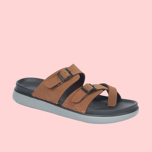 Kavsun Men Slipper Double Buckle Tan
