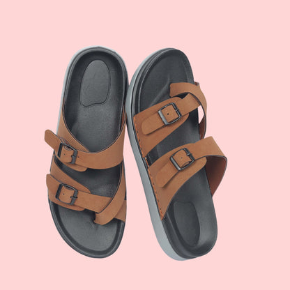 Kavsun Men Slipper Double Buckle Tan