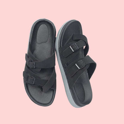 Kavsun Men Slipper Double Buckle Black