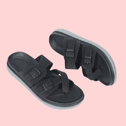 Kavsun Men Slipper Double Buckle Black